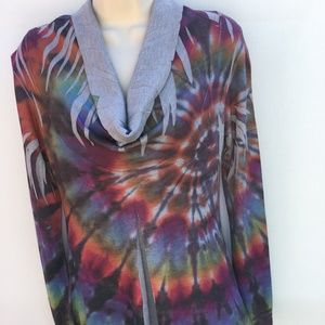 On Top Small gray cowl neck tunic rainbow swirl